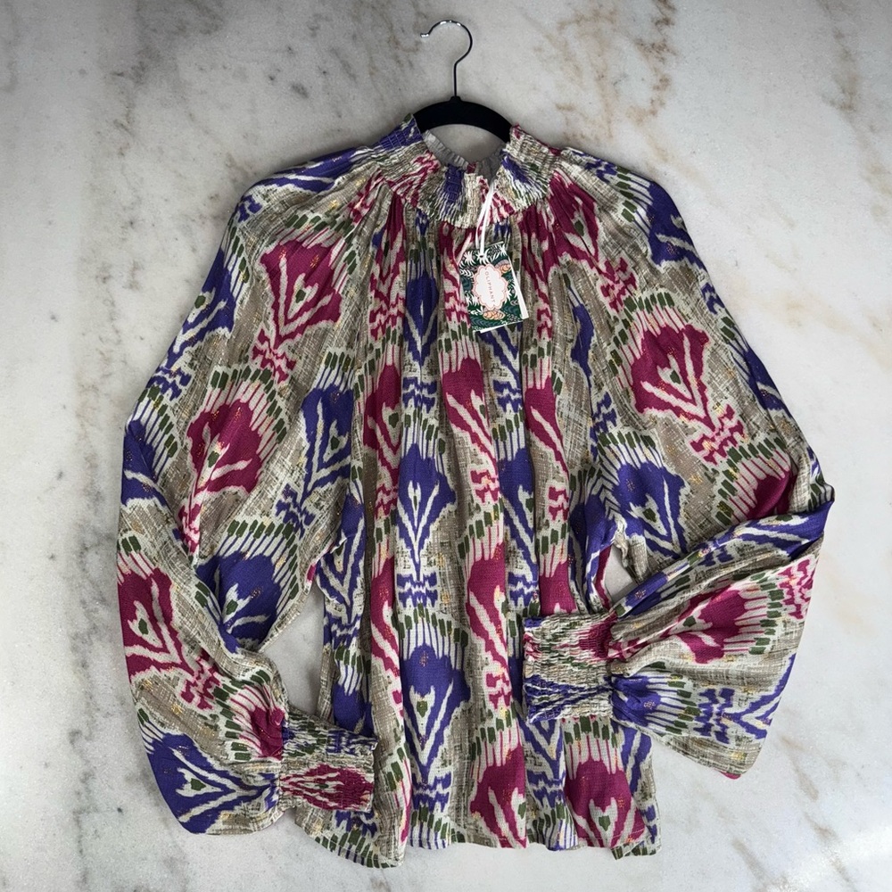Oliphant Smocked High Neck Ikat Print Long Sleeve Blouse Womens Large New NWT